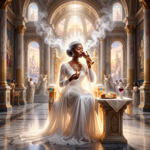 Divine Woman in Throne Room: Black Skin, Elegant Gown, Holy Aura