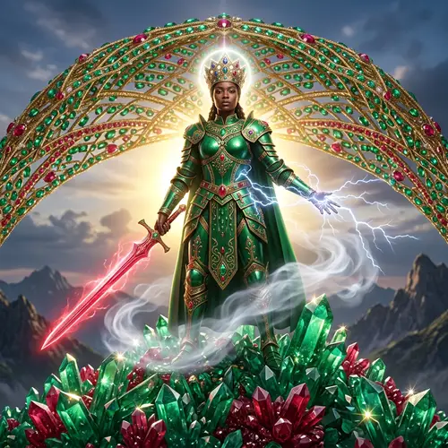 Emerald and Ruby Majesty: Black Woman in Armor on Gemstone Mountain