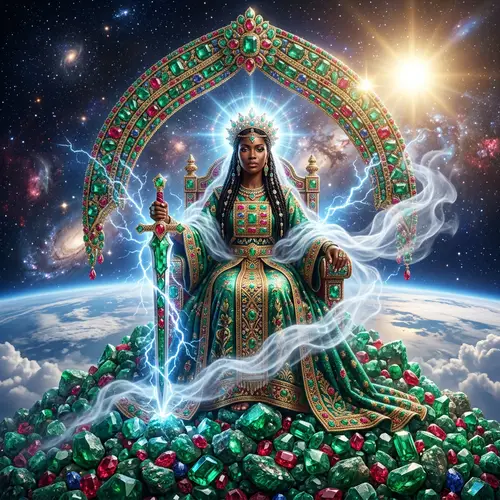 Majestic African Woman atop Emerald and Ruby Mountain