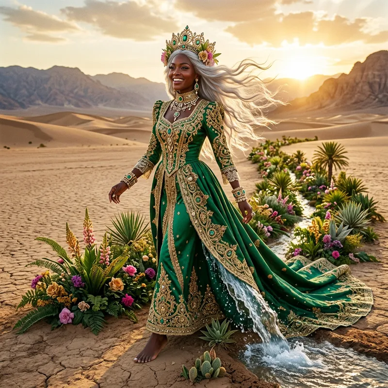 Majestic Black Woman's Oasis: Desert Blooms at her Feet