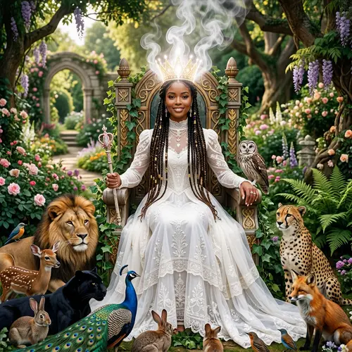Radiant Black Woman on Throne in Mythical Garden | Ethereal Beauty