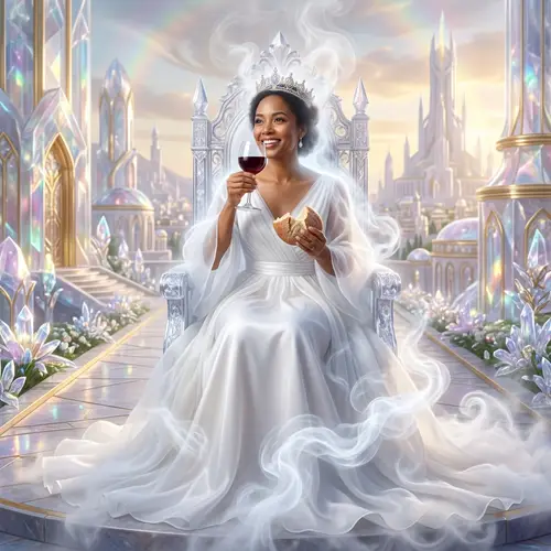 Ethereal Woman Communing in Mystical City with Holy Spirit Imagery