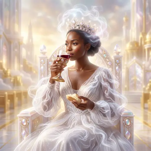 Divine African Woman on Throne in New Jerusalem | Ethereal Gown & Celestial Crown