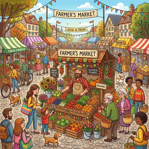 Colorful Farmers Market Cartoons | Fresh Produce & Flowers