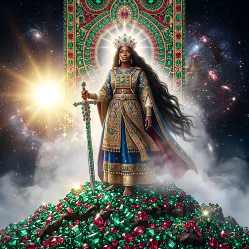 Black Woman Majesty: Divine Presence atop Emerald and Ruby Mountain