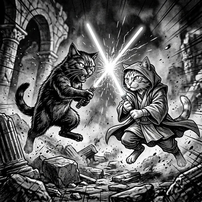 Epic Feline Duel: Sith Cat vs Jedi Knight Cat in Monochrome