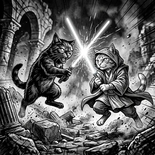 Fierce Feline Battle: Sith Cat vs Jedi Knight Cat in Monochrome