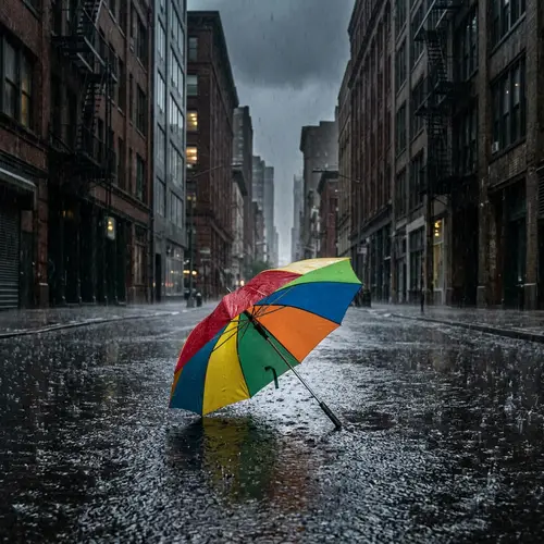 Colorful Discarded Umbrella in Urban Street | Rain Splashes