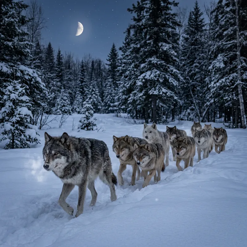 Wild Wolf Pack in Winter Habitat - Majestic Wolves in Snowy Forest