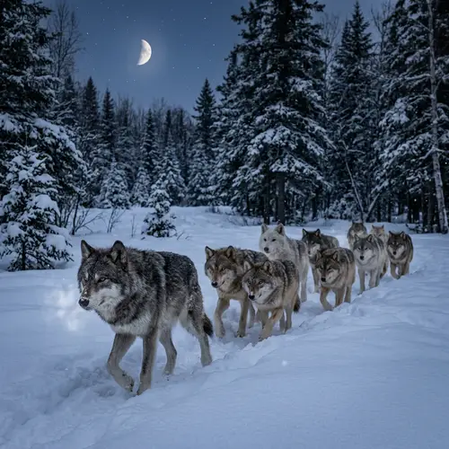 Wild Wolves in Winter Habitat - Majestic Pack in Snowy Forest