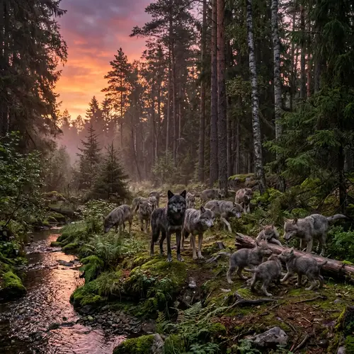 Wild Wolf Pack in Dense Forest at Dawn