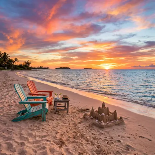 Serene Sunset Beach Scene | Orange & Pink Hues | Adirondack Chairs