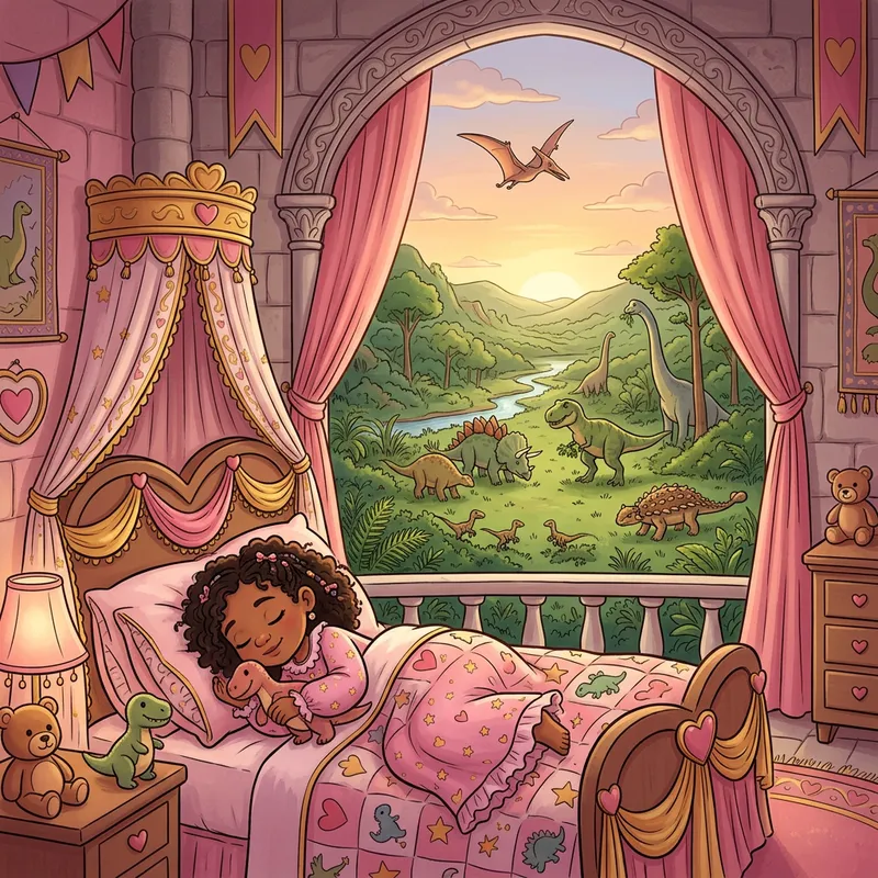 Sleeping Princess Surrounded by Dinosaurs in Pink Castle Sleeping Princess Surrounded by Dinosaurs in Pink Castle