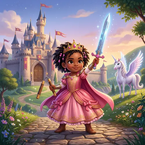 Hispanic/Black Toddler Girl Warrior with Sword & Nunchucks