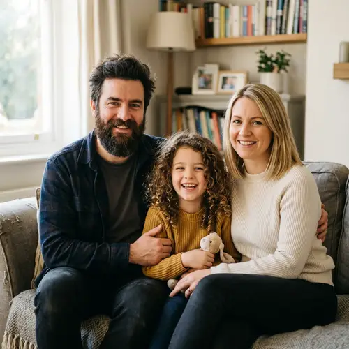 Family Portrait: Dark Hair, Curly Brown Girl & Blonde Woman