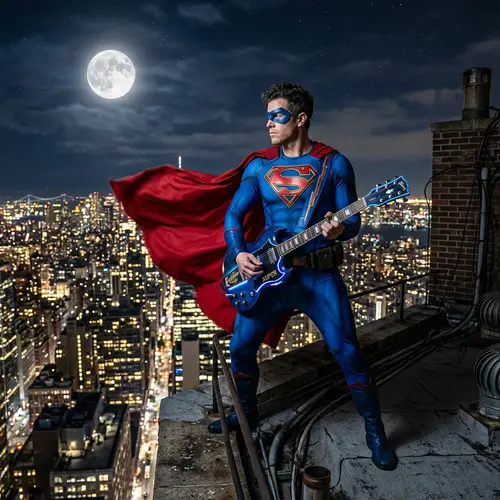 Superhero Musician Playing Guitar at Midnight