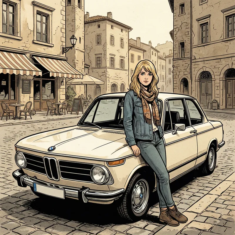 Beautiful Blonde Girl with Blue Eyes near Vintage BMW Car