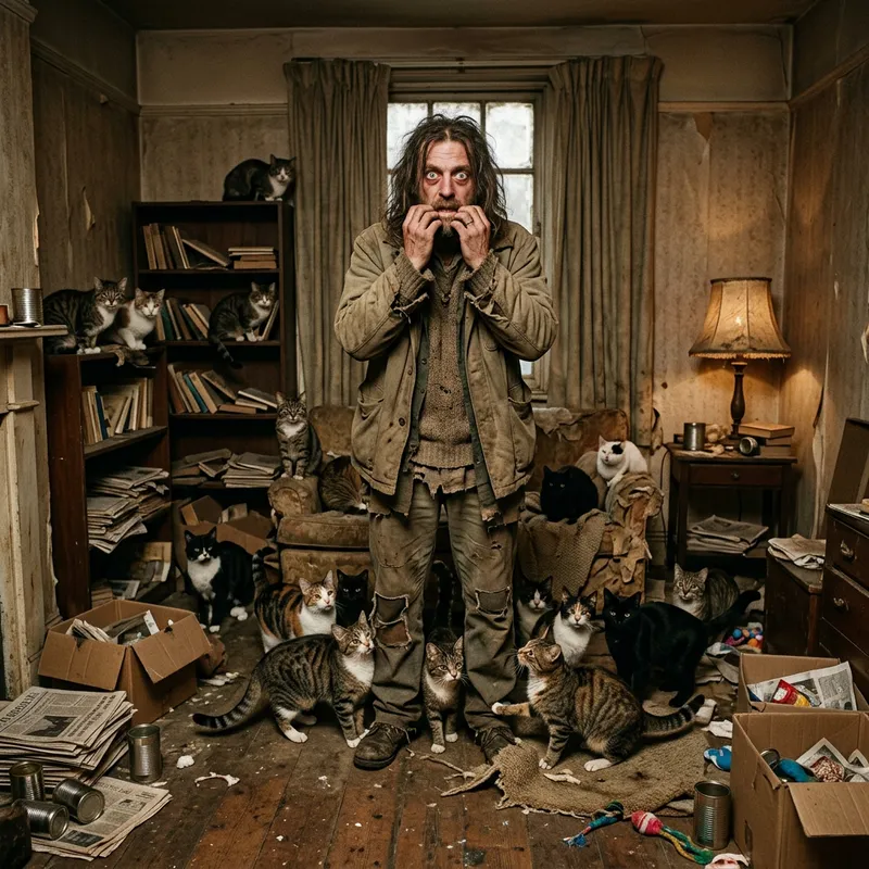 Man With Eccentric Habits Surrounded by Cats