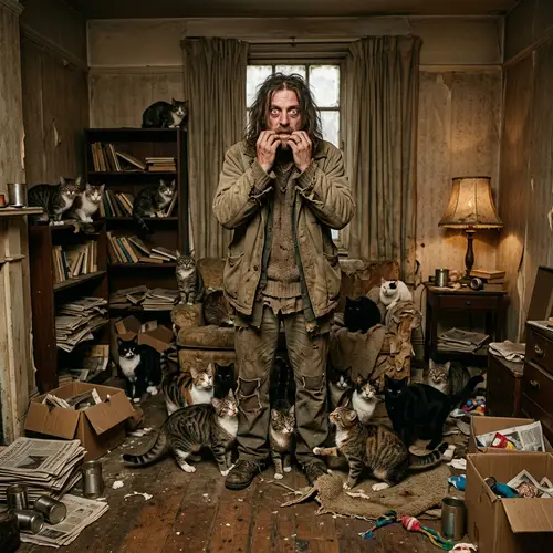 Man With Eccentric Habits Surrounded by Cats