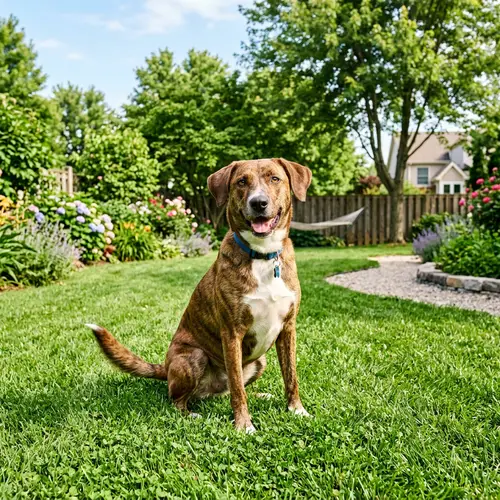 Healthy Mix Breed Dog in Lush Green Backyard