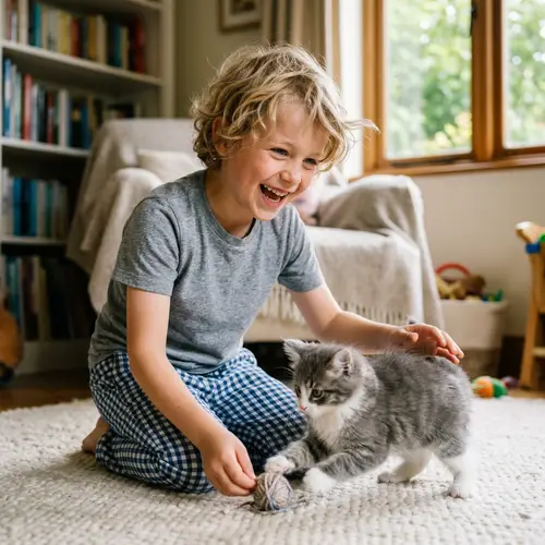 Joyful Caucasian Boy Playing with Adorable Kitten