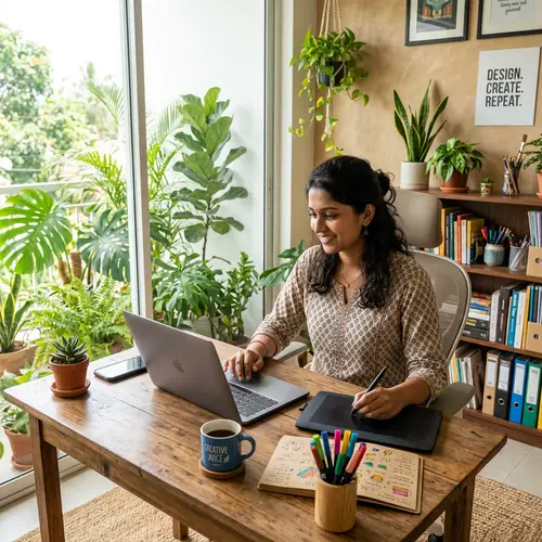 Freelance Graphic Designer in Cozy Home Office | Creative Workspace