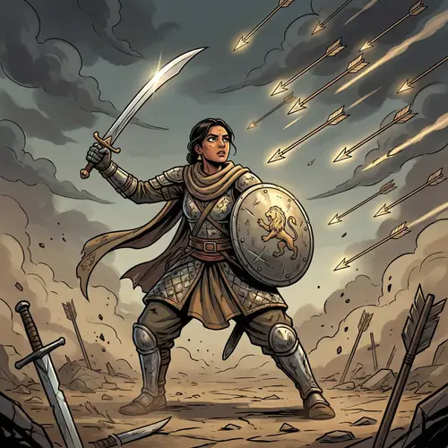 3D Female Soldier with Sword & Shield Facing Hail of Arrows