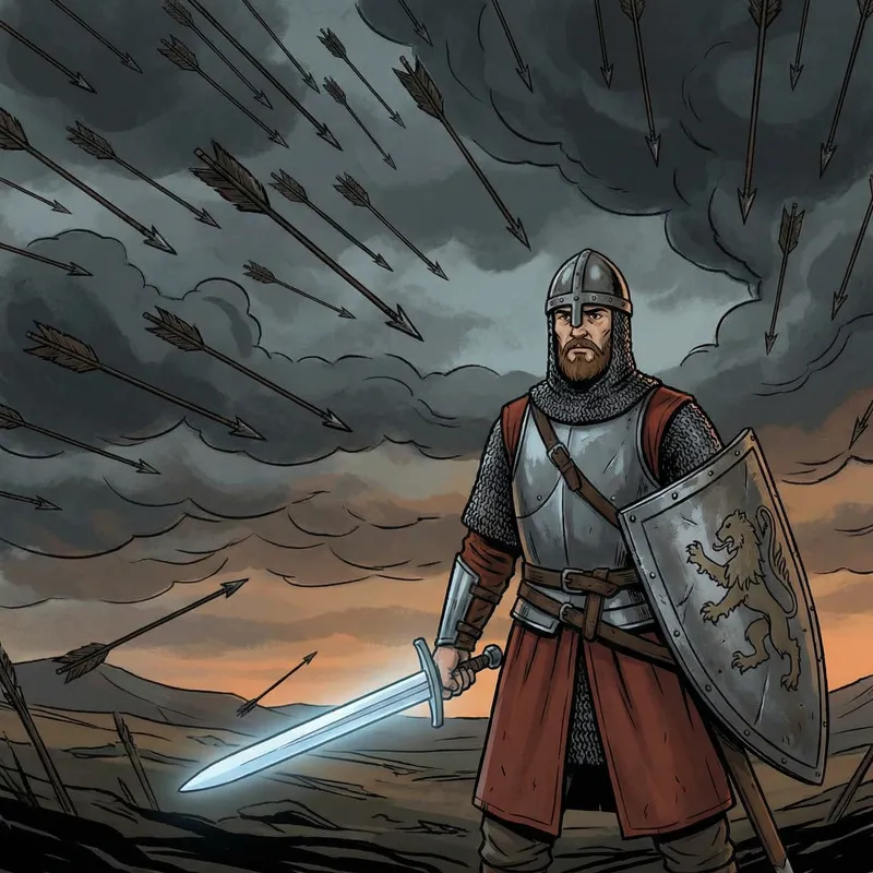 Courageous Cartoon Soldier Facing Hail of Arrows with Sword and Shield Courageous Cartoon Soldier Facing Hail of Arrows with Sword and Shield