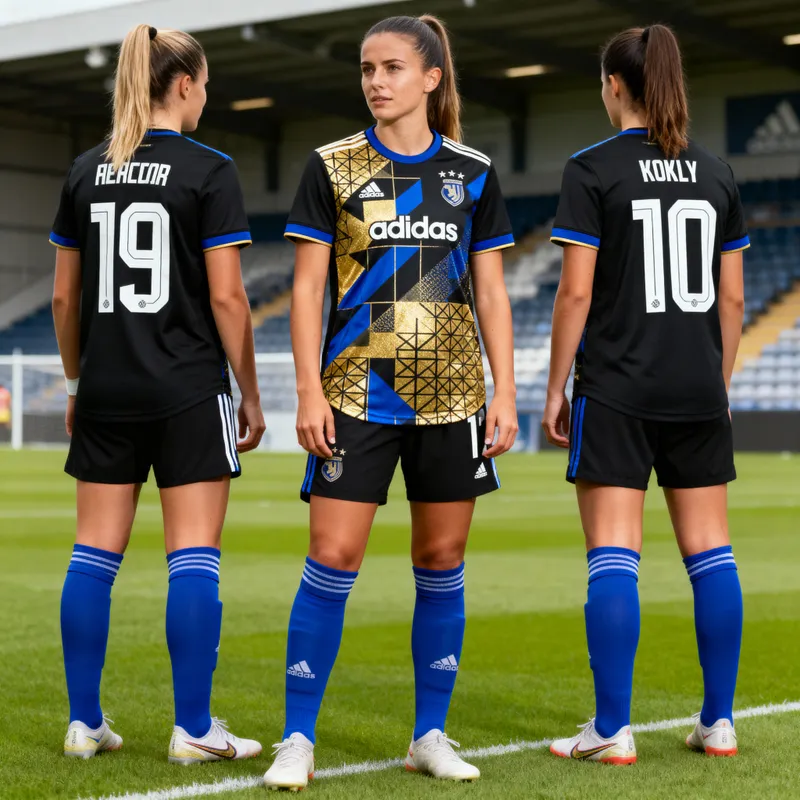 Women's Black Soccer Uniform with Gold and Royal Blue