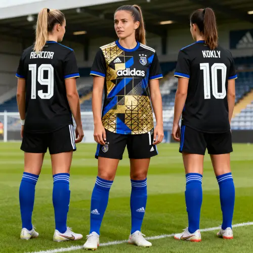 Women's Black Soccer Uniform with Gold and Royal Blue