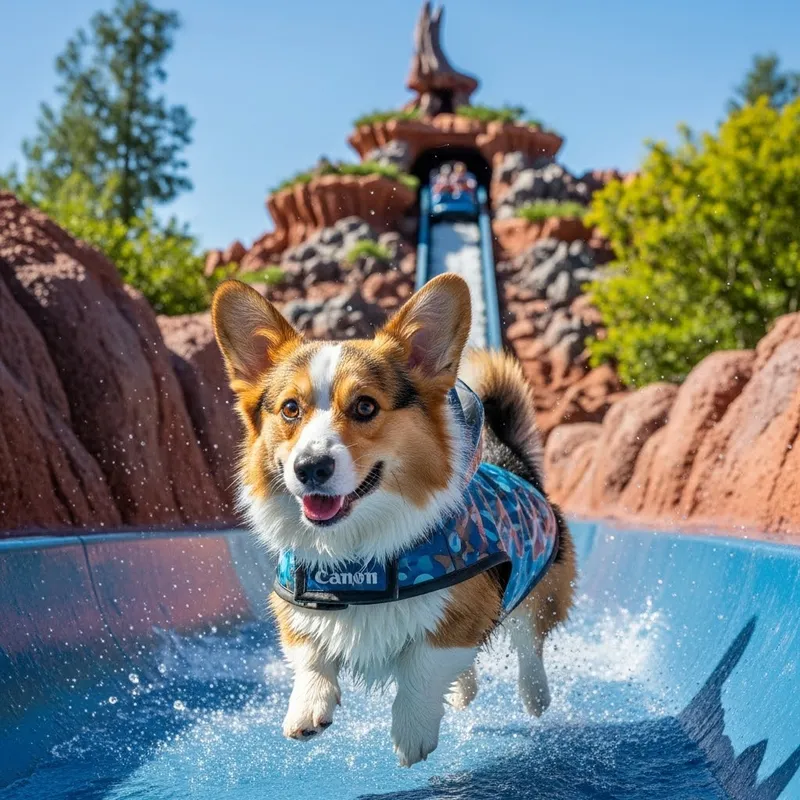 Tri Color Corgi on Splash Mountain Adventure
