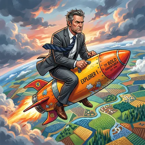 Middle-aged Man Riding Rocket in Comic Landscape