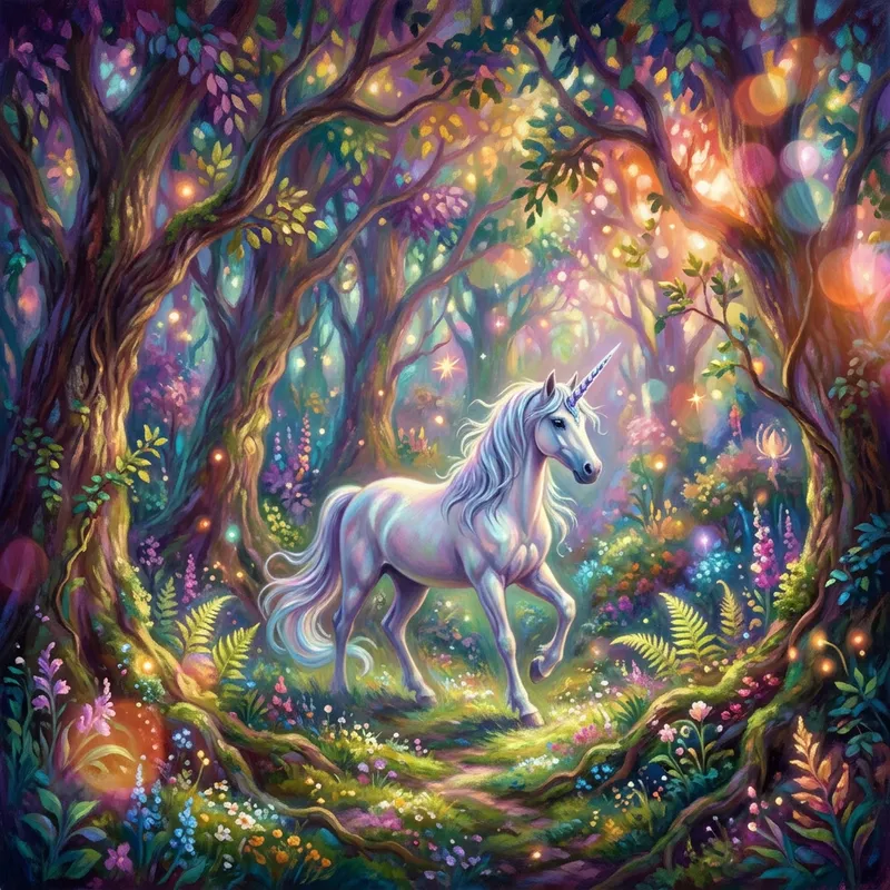 Mystical Forest with Unicorn in Vibrant Colors Mystical Forest with Unicorn in Vibrant Colors