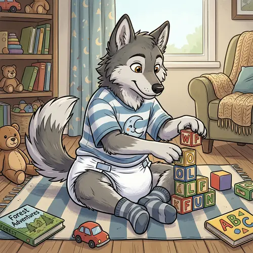 Anthropomorphic Wolf in a Diaper - Cute Character