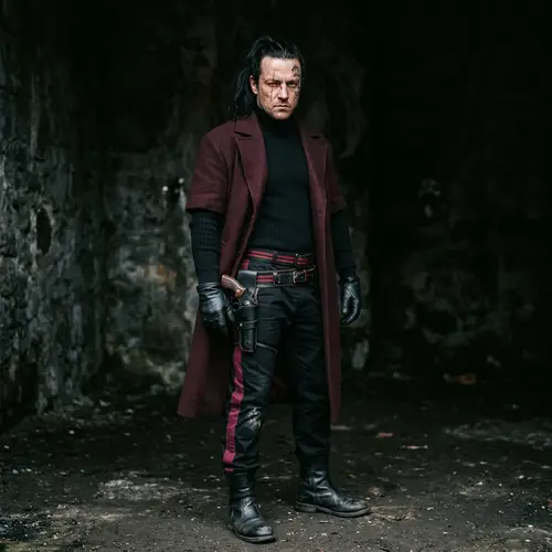 Mysterious Caucasian Man in Burgundy Coat | Black Revolver