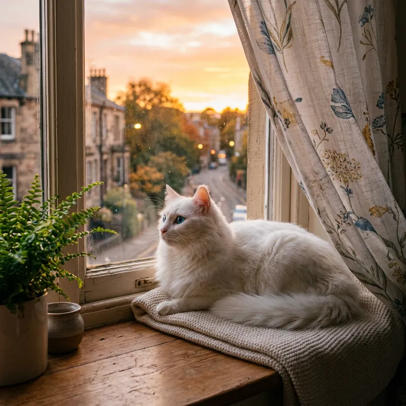 Detailed Artwork of Elegant White Cat at Sunset