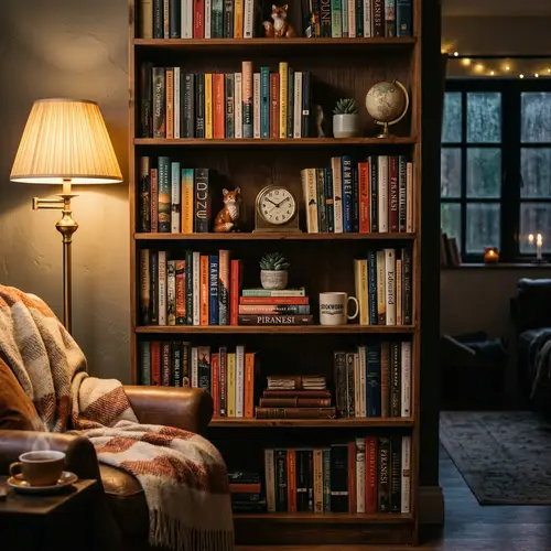 Cinematic Cozy Room with Wooden Bookshelf