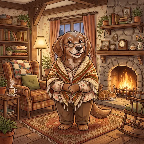 Cute Cartoon Old Lady Dog in Cozy Living Room