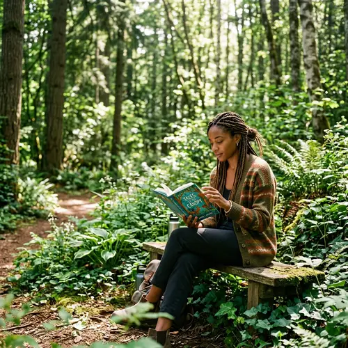 Serenely Reading African-American Woman in Forest