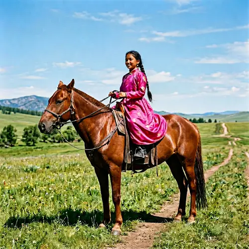 South Asian Girl in Pink Dress on Majestic Brown Horse
