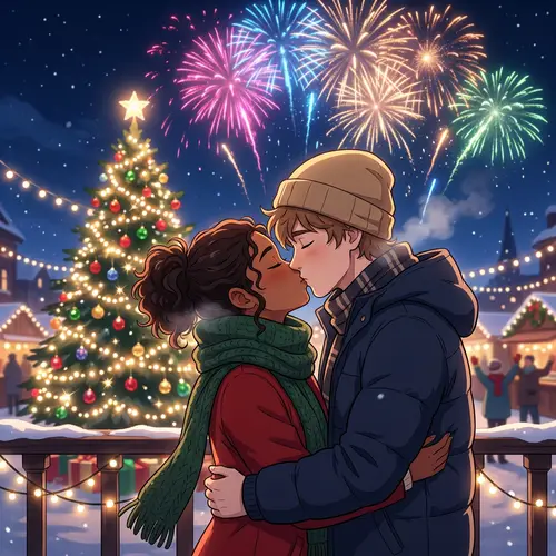 Diverse Couple Christmas Kiss | Fireworks Celebration
