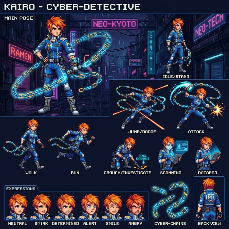 Marie Wentz Pixel Art Character Sheet: Cyberpunk Detective Design