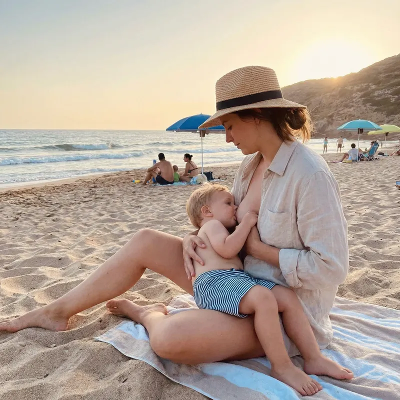 Mom Breastfeeding Toddler on the Beach