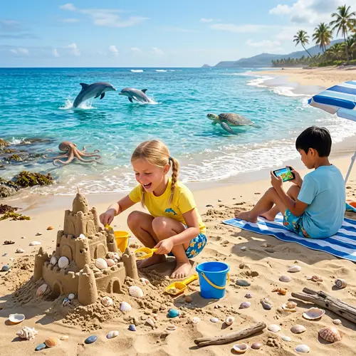 Idyllic Beach Scene with Sandcastle, Dolphins, Turtle, and Octopus