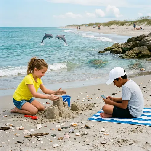 Scenic Beach: Shells, Girl Making Sandcastle, Boy on Phone