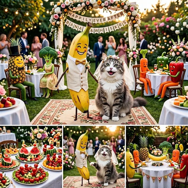 Banana and Cat Celebrate Wedding | Unique Fruit Party