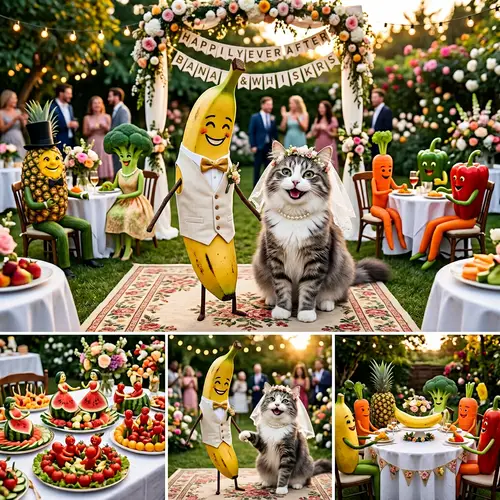Joyful Banana Wedding with Cute Cat | Fruit & Vegetable Celebration