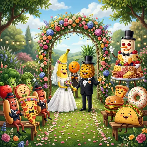 Surreal Fruit Wedding under Floral Arch with Food Audience