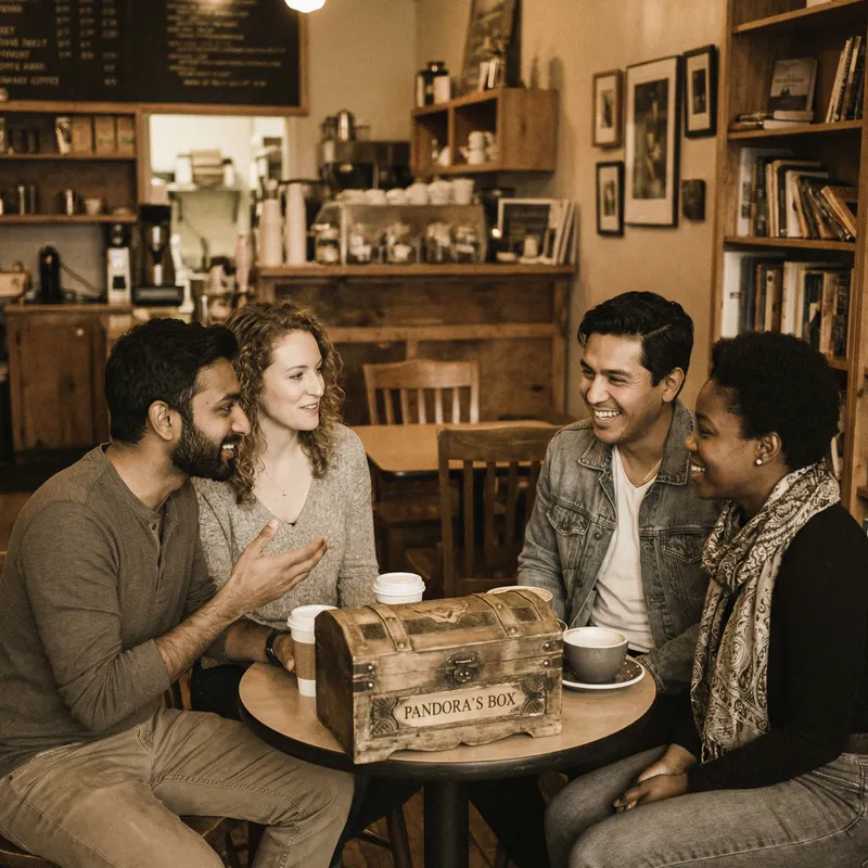 Cozy Coffee Shop Scene with Pandora's Box and Couples Cozy Coffee Shop Scene with Pandora's Box and Couples