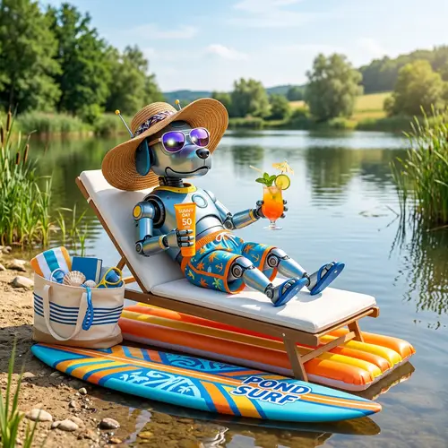 Robot Dog Enjoying Summer Fun by the Pond